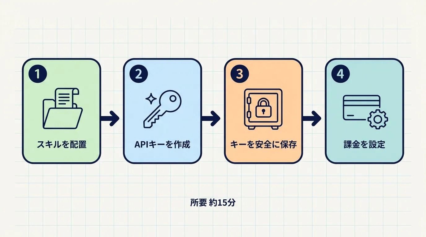 セットアップの4ステップ。スキルを配置し、APIキーを作成し、キーを安全に保存し、課金を設定する。所要約15分