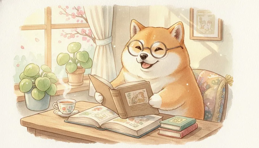 メガネをかけて本を読む柴犬の水彩イラスト(この方法で実際に生成した画像)